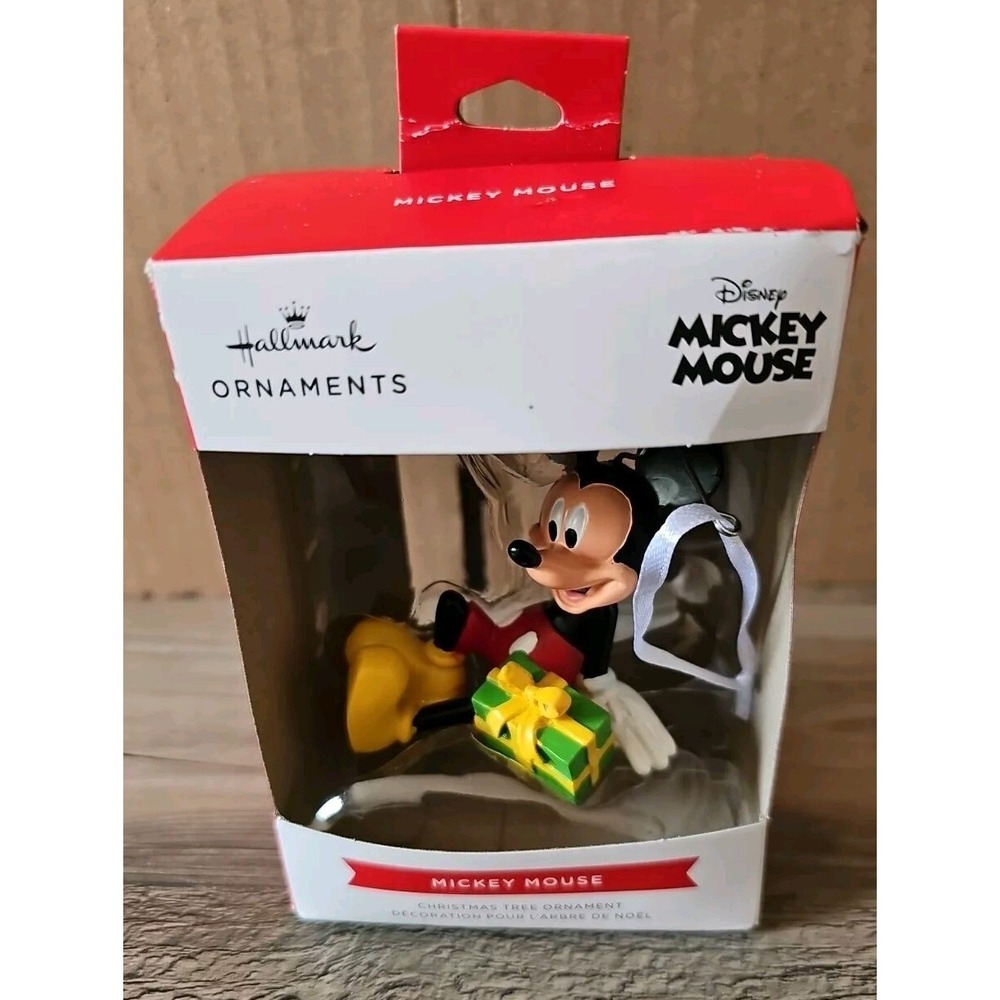 2020 Hallmark Red Box Mickey Mouse Christmas Tree Ornament Sitting With a Gift
